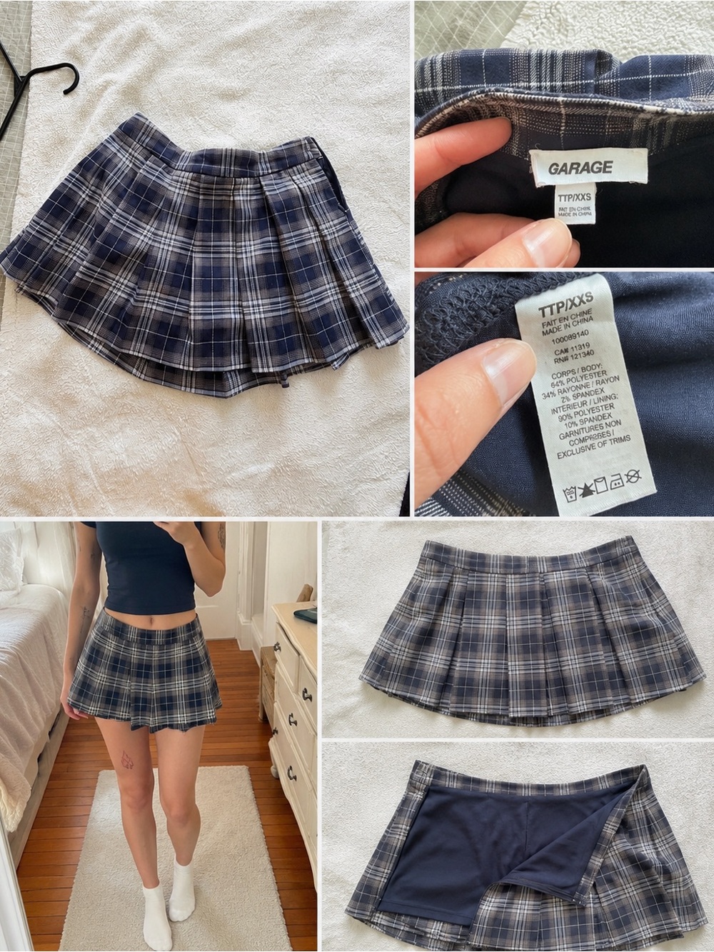 Garage Blue Navy Plaid Pleated Skater Skirt